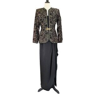 VTG Karen Lawrence Sz 10 Gold Black Brocade Velvet Jacket with Long Black Dress
